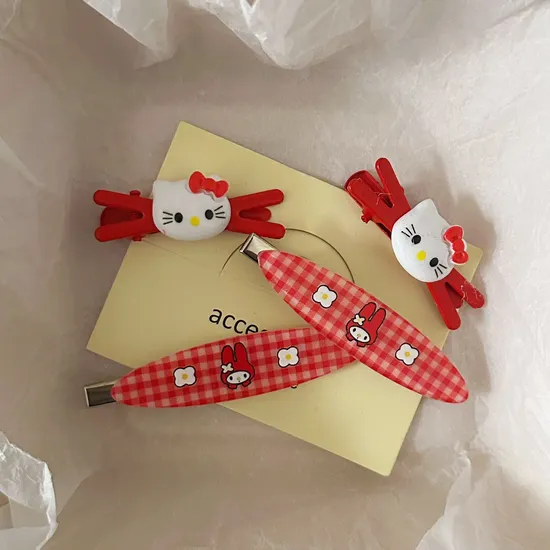 Sweet Cool Style Red Cat Checkered Hairpin Japanese High Beauty Girl Style