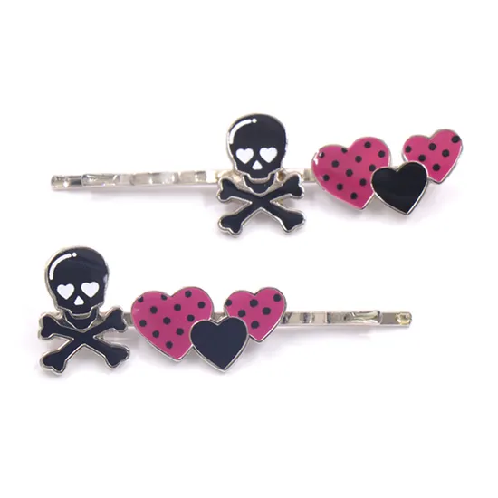 Factory Custom Made Nickel Plated Metal Alloy Hair Ornament Manufacturer Customized Soft Enamel Children Accessory Bespoke Lovely Heart and Skull Hairpin