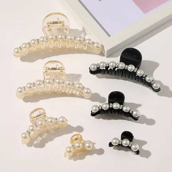 Champagne Black Accessories Big White Pearl Hair Claw Clips for Young Girls