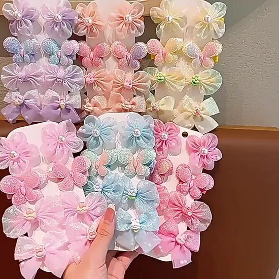 8PCS Set Children's Bow Hairpin for Girls Princess with Flowing Flower Bangs