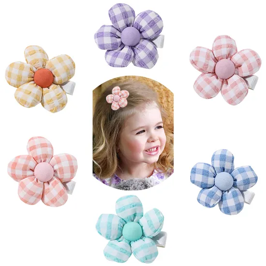Wholesale Baby Cotton Five Petal Hair Clip Checkered Flower Hairpin 