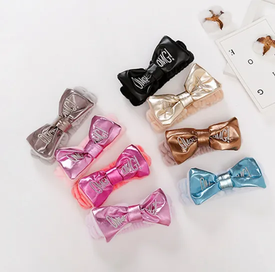 Wholesale Cute PU Leather Bow Soft Fleece Wash Face Elastic Yoga Facial SPA Headband Cosmetic Makeup Hairband Embroidery Omg 