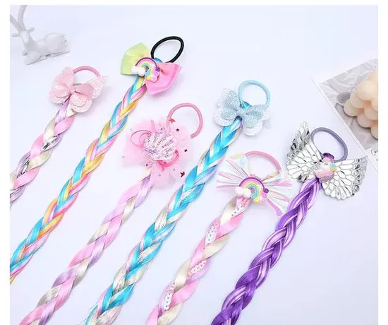 2024 New Fashion Hair Accessories for Princess Girls Colorful Braid Ribbon Wig Hair Rubber Bands Elastic Hair Tie 
