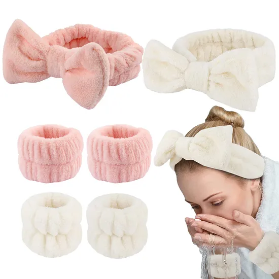 3PCS Set Face Wash Wristband Headband Set Fleece Skincare Hair Band for Makeup Shower Girls Headbands 