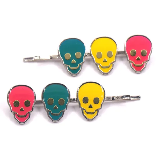 Factory Custom Made Nickel Plated Metal Alloy Hair Ornament Manufacturer Customized Soft Enamel Children Accessory Bespoke Fashion Cute Iron Skull Hairpin 