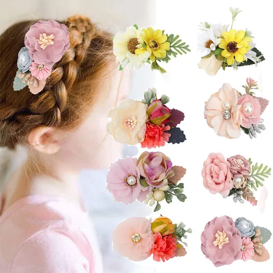Children′ S Pearl & Rhinestone Flower Handmade Fabric Flower Hair Ornament Hairpin 