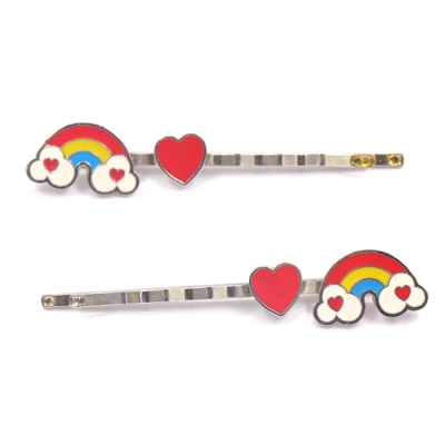 Factory Custom Made Nickel Plated Metal Alloy Hair Ornament Manufacturer Customized Soft Enamel Children Accessory Bespoke Wholesale Cute Iron Rainbow Hairpin